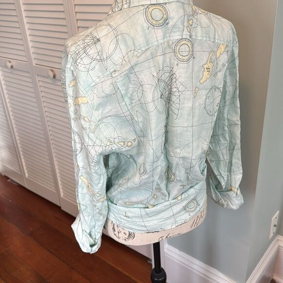 RARE Lands End *LINEN* Sample Sale Map Geography Compas Aqua Utility  Shirt - Picture 6 of 12